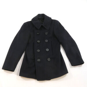 MILITARY PEA COAT USN WWII 1940s Corduroy Pockets 10 Buttons Chin Strap Sz S